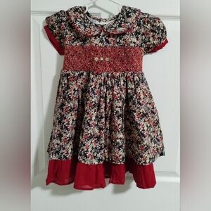 Blue Dove Formal Red & Navy Blue Floral Smocked Dress 3T NWOT
